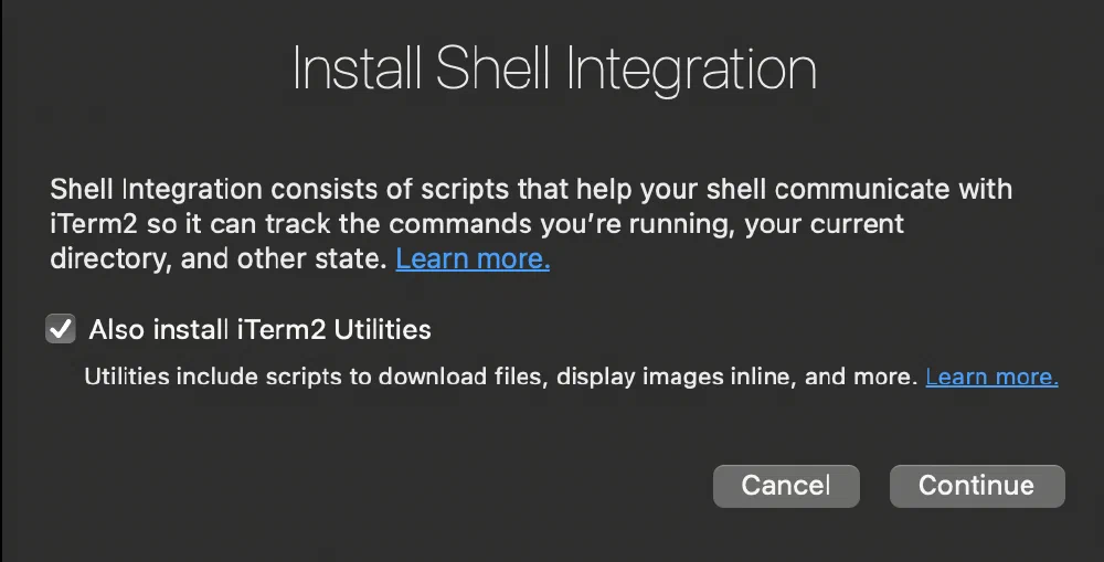 Dialog „Install Shell Integration“ mit der Option „Also install iTerm2 Utilities“